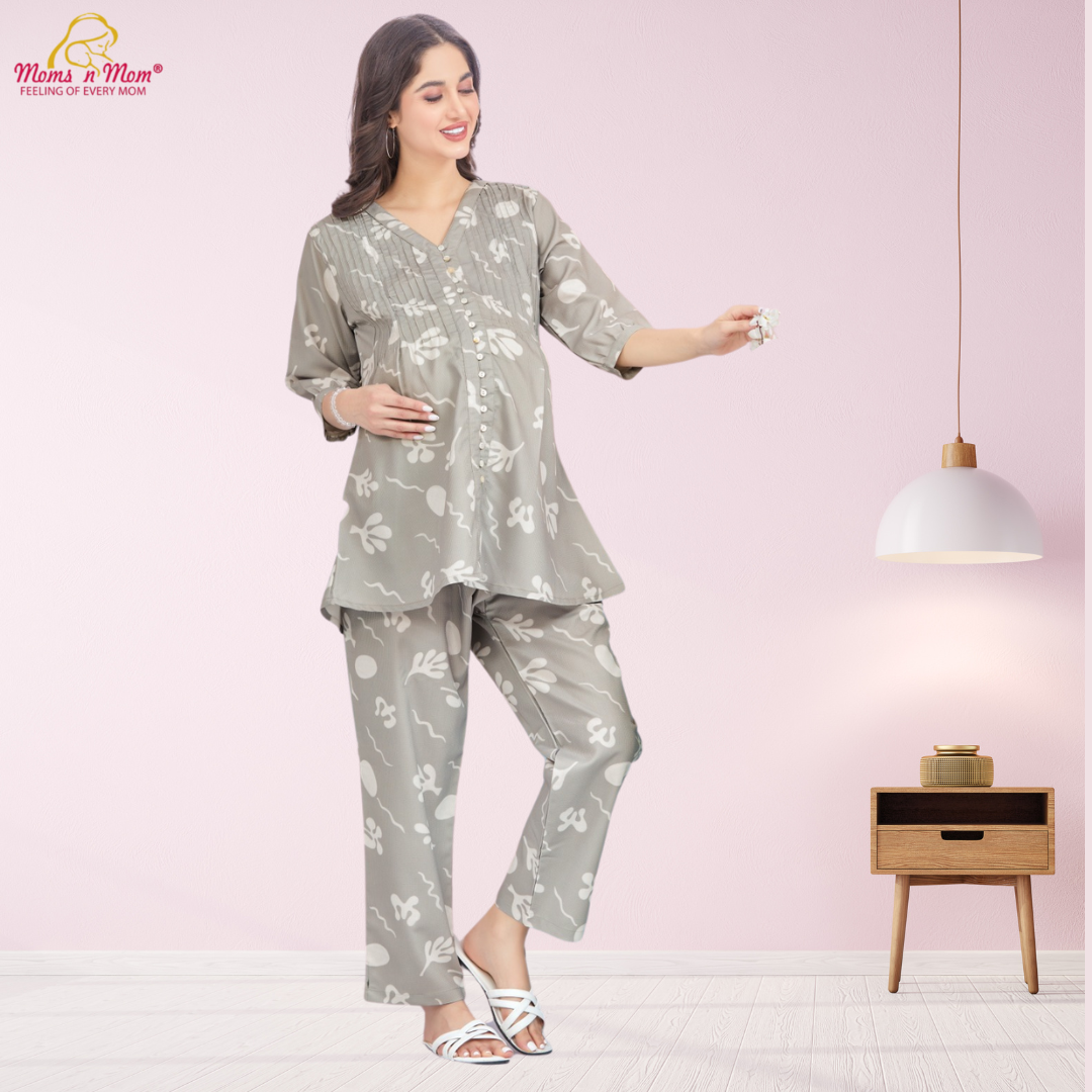 Moms N Mom Cotton Maternity Night Suit Vertical Opening Hidden Zippe