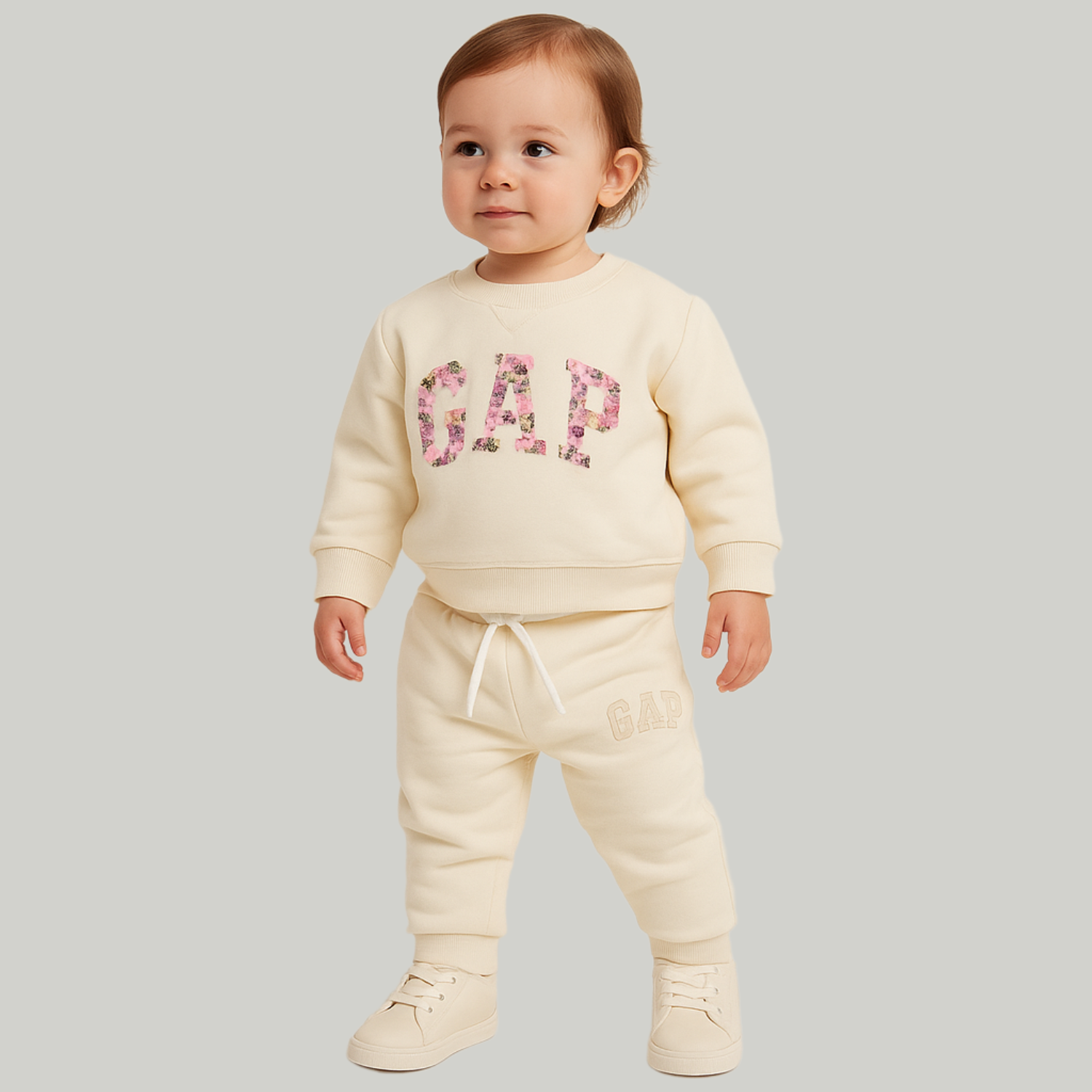 SMILE BABY Girls GAP-Inspired Floral Sweatshirt Jogger Set – Cream