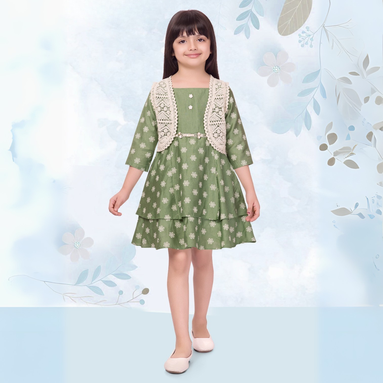 green emerald velvet dress SMILE BABY Girls Green Floral Dress with Shrug