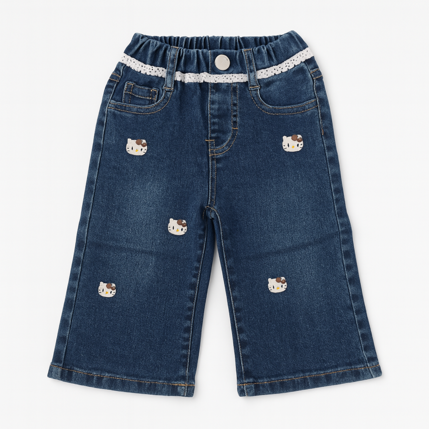 Smile Baby Girls Blue Denim Jeans with Cute Kitty Print Lace Waistba