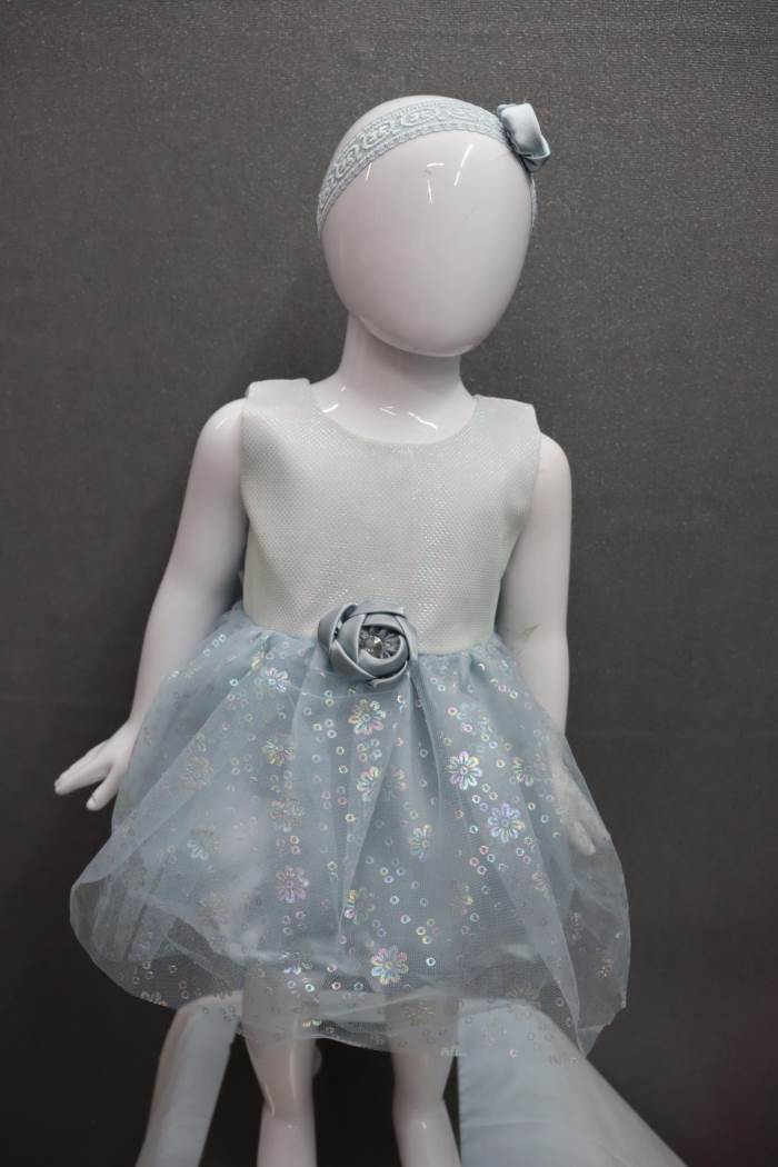 KITTENS BABY PARTY WEAR FROCK BLUE WITH HAIRBEND (GB-37)