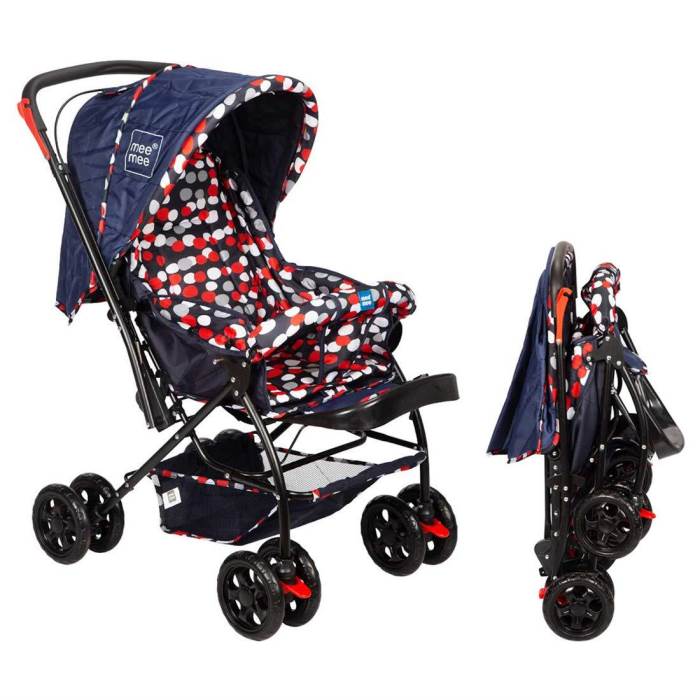 Mee Mee Baby Pram with Adjustable Seating Positions and Reversible Handle (Navy Blue/RED)
