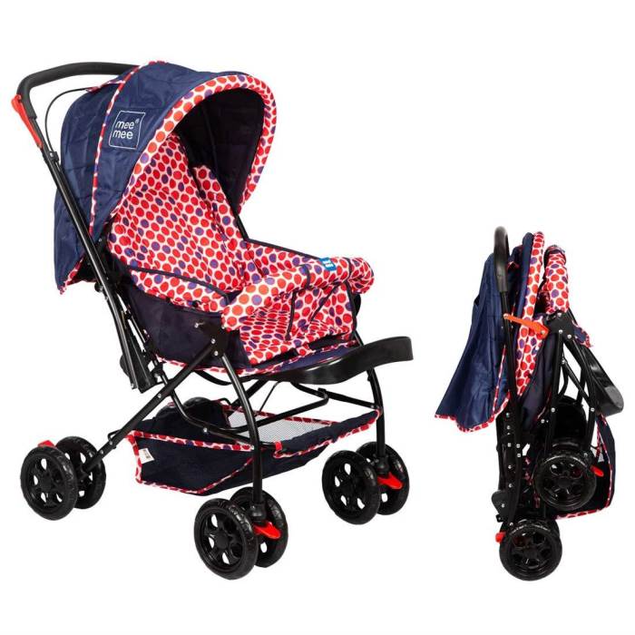 Mee Mee Baby Pram with Adjustable Seating Positions and Reversible Handle (Navy Blue/RED)