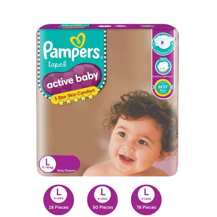 Pampers Active baby Tape Style Baby Diapers, Large size (L 9-14KG) 18 Pieces, 50 Pieces, 78 Pieces