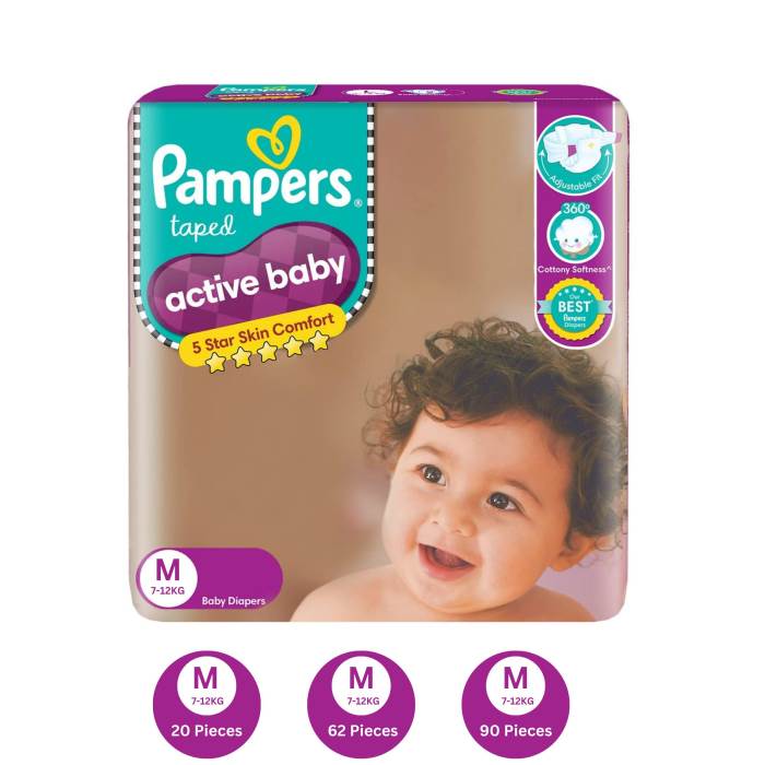 Pampers Active Baby Diapers, Medium size (M 7-12KG) 20Pieces, 62Pieces, 90Pieces, 
