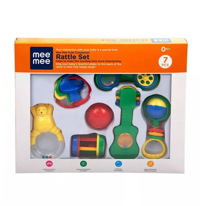 Mee Mee Non-Toxic Baby Rattles Set | BPA-Free Baby Rattle Gift Set | New Born, Girls, Boys (7 Rattle Pieces)