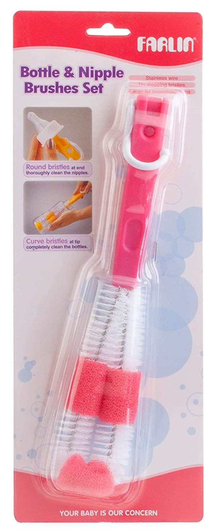 Farlin 2-in-1 Bottle and Nipple Brush, Pink