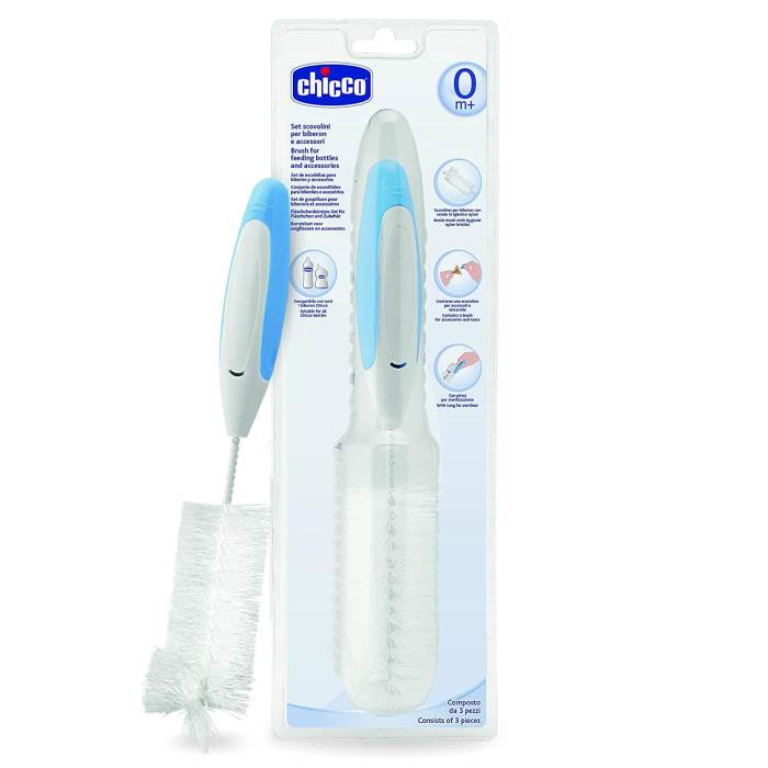 Chicco 3 in 1 Baby Feeding Bottle and Nipple Cleaning Brush with Easy Grip Handle, Soft Nylon Bristles for 360 Degree Cl