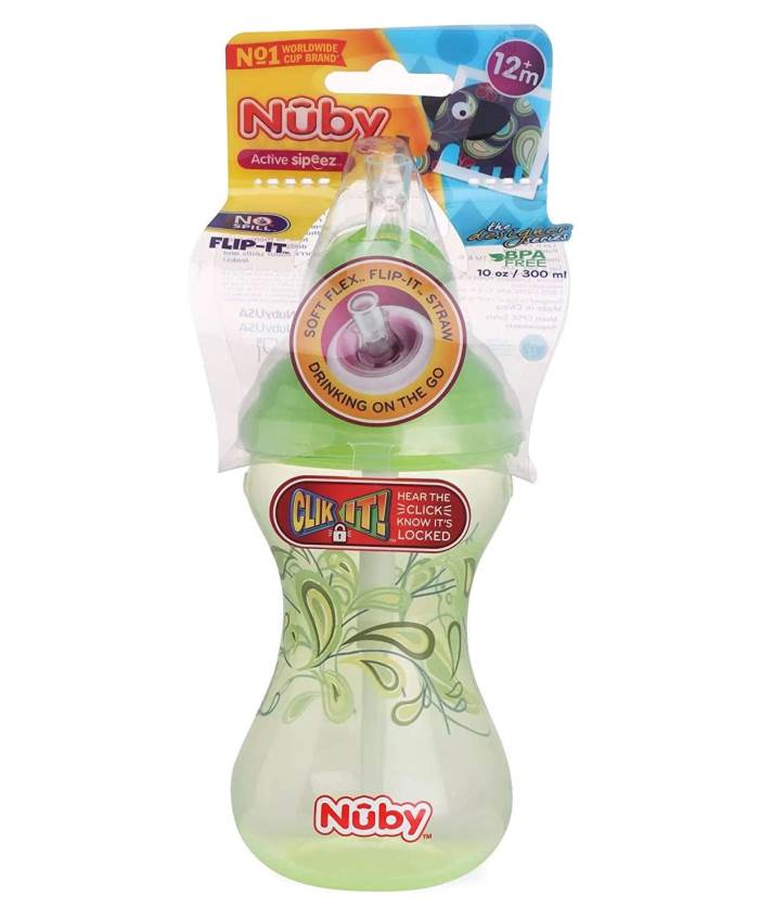 NUBY Clik-IT Designer series sipper with soft Spout for your Child (Green) with 10 oz/300ml  (Green)