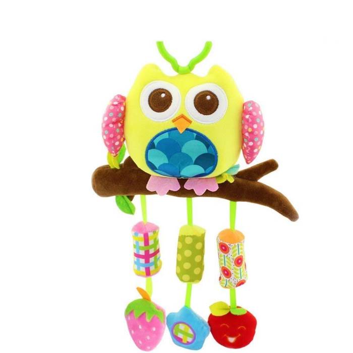 Baby Stroller Crib Hanging Toy Bells Baby Rattle Toy for Bed with 3 Wind Chimes, Newborn Baby Owl Yellow Soft Plush Toy,