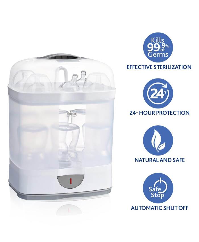 Chicco Baby Feeding Bottle Sterilizer 2 in 1 for 6 Bottles & Accessories - White