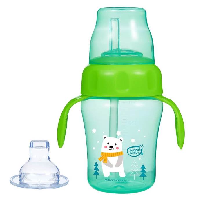 BuddsBuddy BPA Free Anti Spill Design Momo 2 in 1 Baby Sipper (Spout + Straw) Cup (Green, 300 ml)