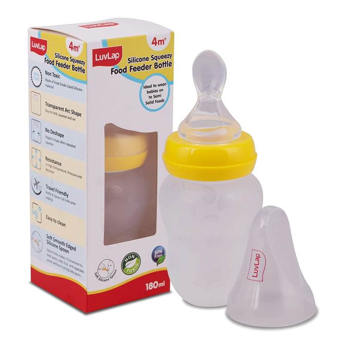 LuvLap Feeding Spoon with Squeezy food Grade Silicone Feeder bottle , For Infant Baby, 180ml, BPA Free,Yellow