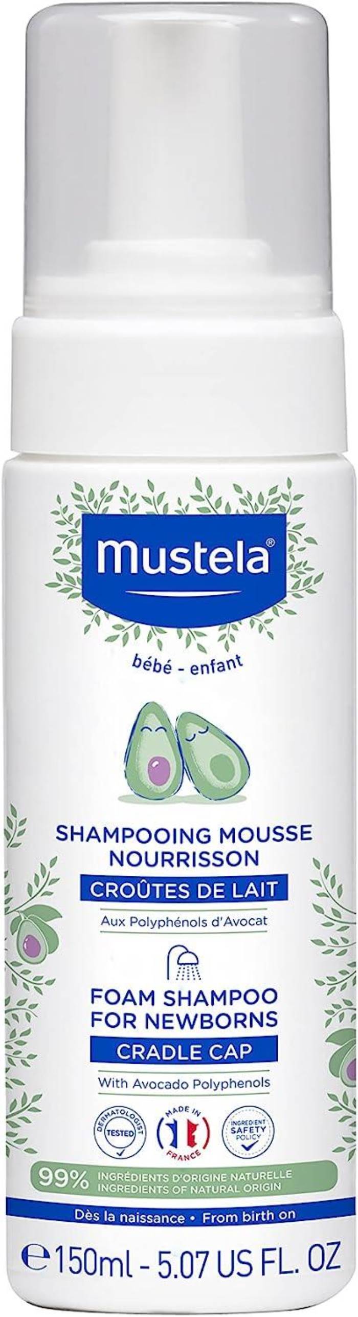 Mustela Cradle Cap Foam Shampoo for Newborn - Baby Shampoo with Natural Avocado - Tear-Free & Fragrance-Free - 150ml