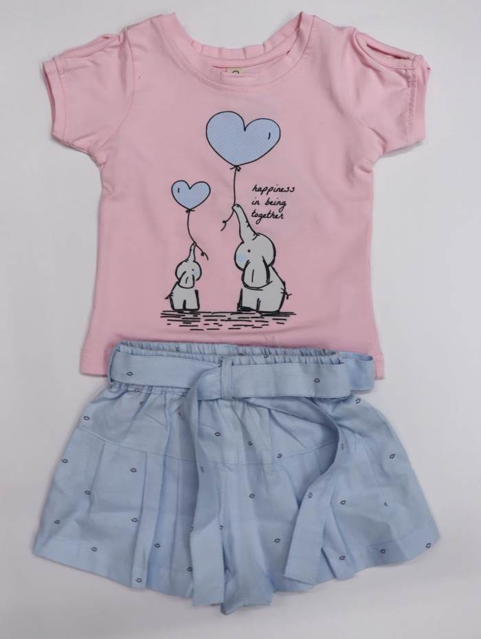 ORRIGANY Short Sleeve Top And Shorts Elephant Print - Pink/Blue