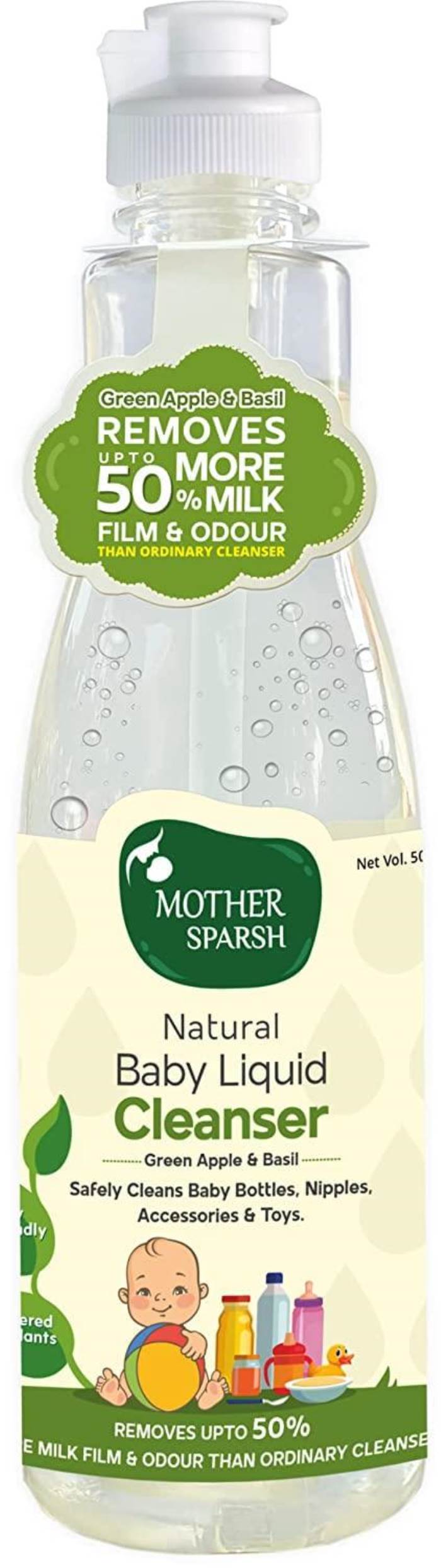 Mother Sparsh Plant Powered Natural Baby Liquid Cleanser with Basil & Green Apple Extract | for Baby Bottles, Nipples, A