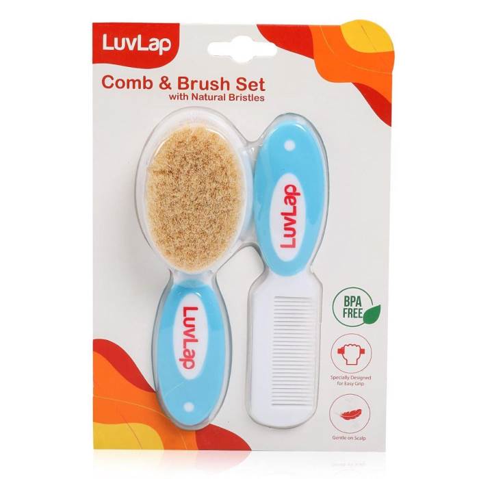 LuvLap Baby Comb with Rounded Tips & Baby Hair Brush with Natural Bristles, (White & Blue)