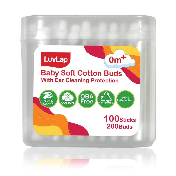 LuvLap Comfy Safety Tip Cotton Buds (100 Sticks/200 Buds) with Ear Cleaning Protection made of Unbleached Cotton, White