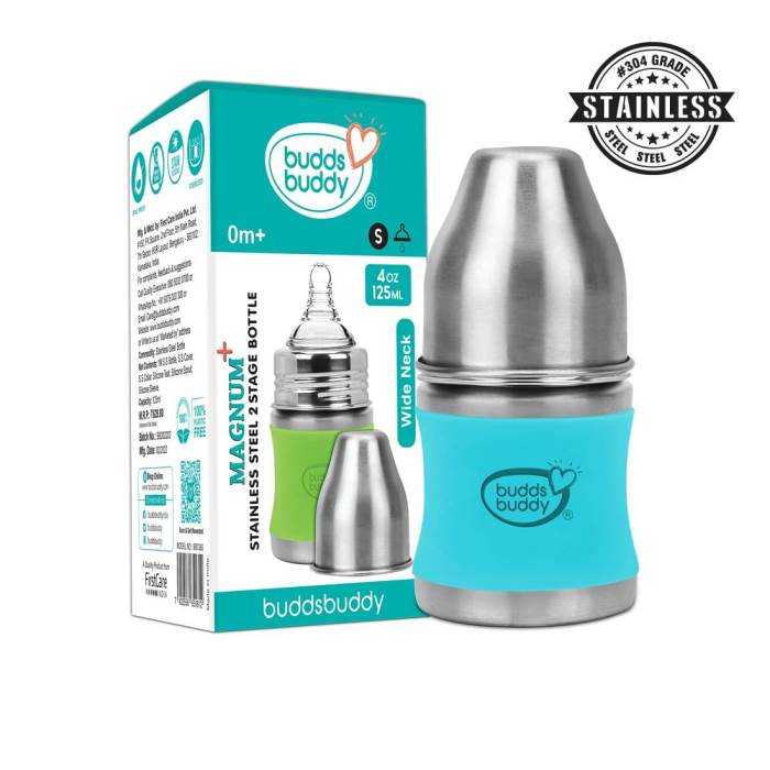 Buddsbuddy Magnum Plus Stainless Steel 2 in 1 Wide Neck Baby Feeding Bottle with Extra Spout Sipper, 125ml, Blue