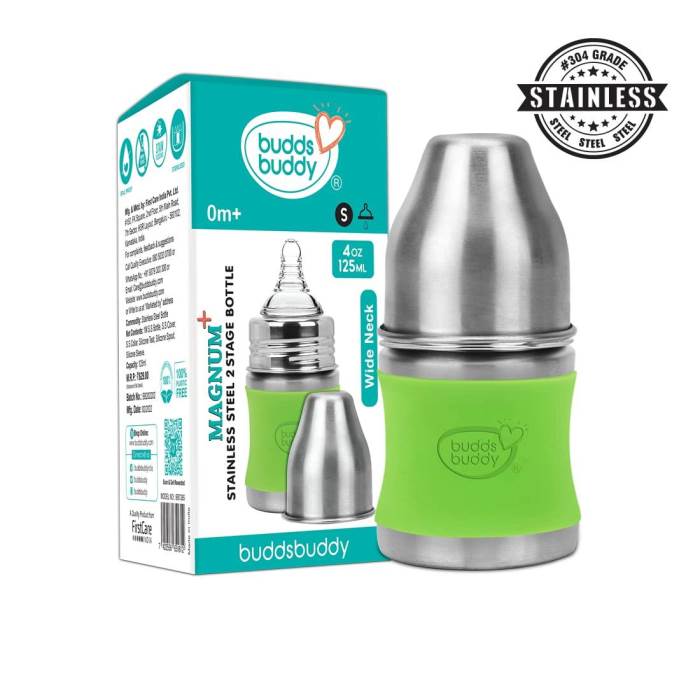Buddsbuddy Magnum Plus Stainless Steel 2 in 1 Wide Neck Baby Feeding Bottle with Extra Spout Sipper, 125ml, Green
