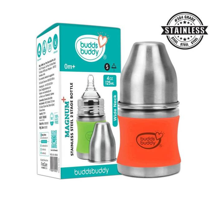 Buddsbuddy Magnum Plus Stainless Steel 2 in 1 Wide Neck Baby Feeding Bottle with Extra Spout Sipper, 125ml, Orange