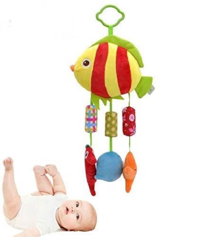 Baby Stroller Crib Hanging Toy Bells Baby Rattle Toy for Bed with 3 Wind Chimes, Newborn Baby Fish Soft Plush Toy, Strol