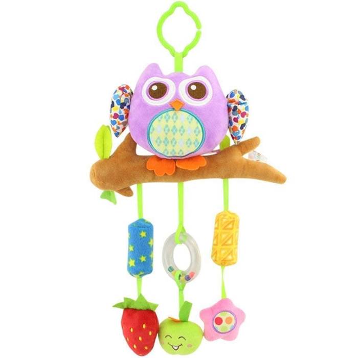 Baby Stroller Crib Hanging Toy Bells Baby Rattle Toy for Bed with 3 Wind Chimes, Newborn Baby Owl Purple Soft Plush Toy,