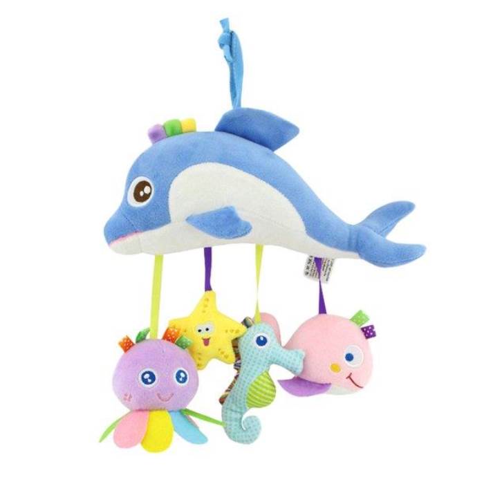 SMILE BABY Animal Plush Toy Kids Crib Hanging Stuffed Toy Pacified Toy for Baby Toddlers (Dolphin with Random Pendant Co
