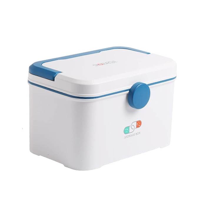 First aid box Double Layers with Handle Rotary Lock Portable Emergency Pills Storage Box WHITE/BLUE