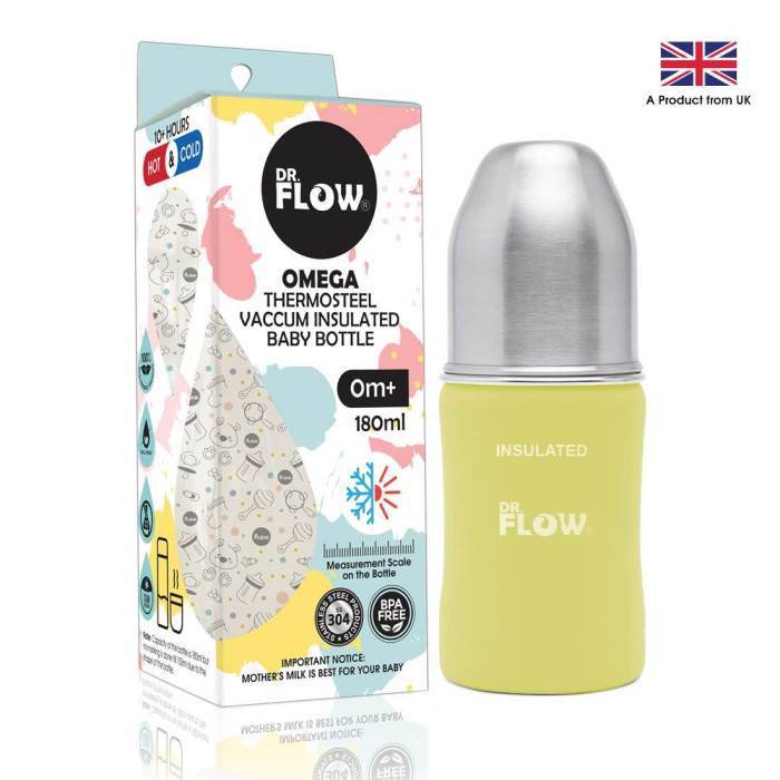 Dr.Flow Omega Insulated ThermoSteel Baby Feeding Bottle |100% Plastic free & Non-Toxic Stainless Steel | 304 (18/8) Grad