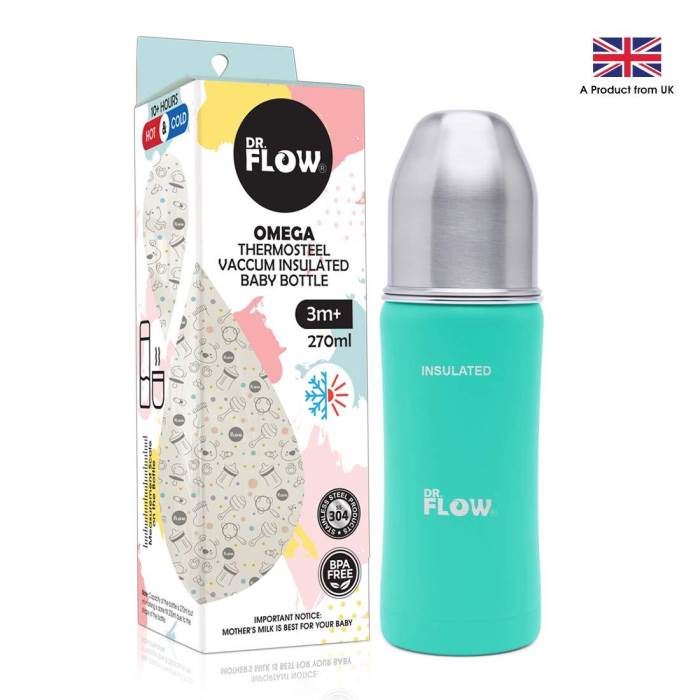 Dr.Flow Vogue+ Stainless Steel Baby Feeding Bottle with Silicone Handle & Silicone Closing Disc |100% Plastic free & Non