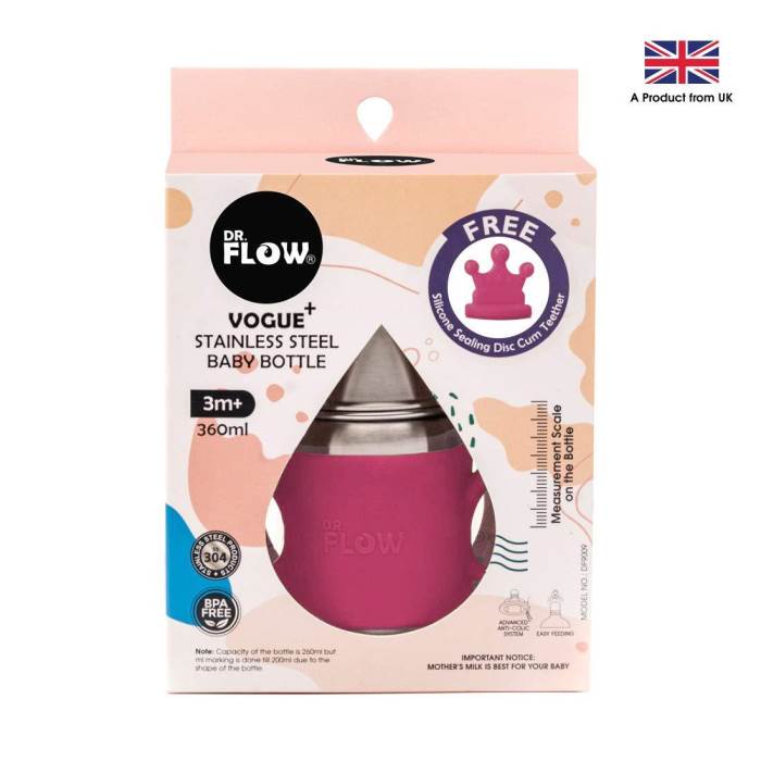 Dr.Flow Vogue+ Stainless Steel Baby Feeding Bottle with Silicone Handle & Silicone Closing Disc  9010/PINK