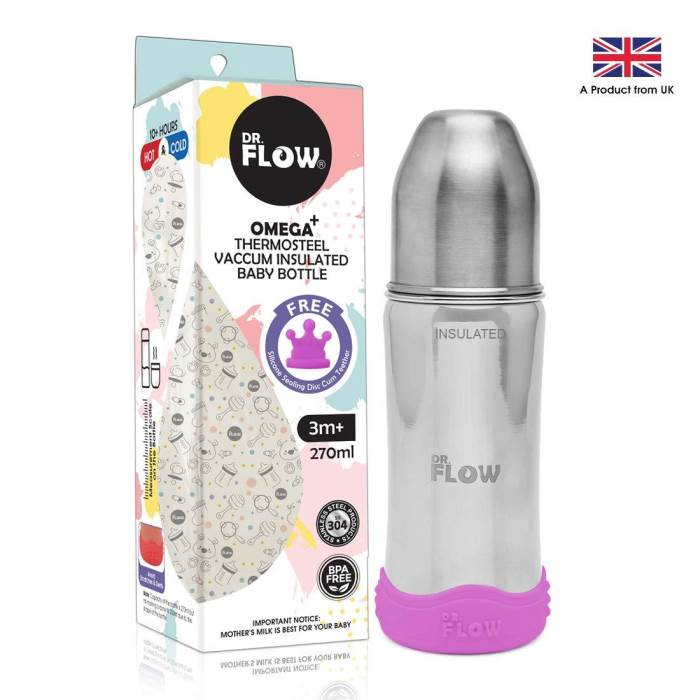 Dr.Flow Omega+ Insulated ThermoSteel Baby Feeding Bottle with Anti-skid Bumper & Silicone Closing Disc |100% Plastic fre