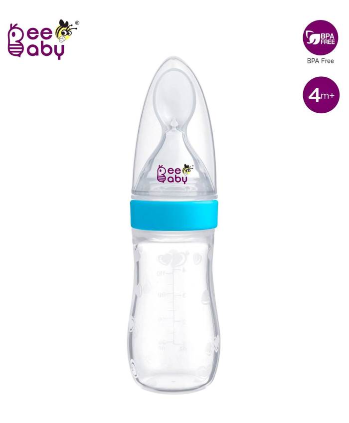 Beebaby Silicone Squeeze Food Feeder Bottle With Spoon Blue - 125 ml