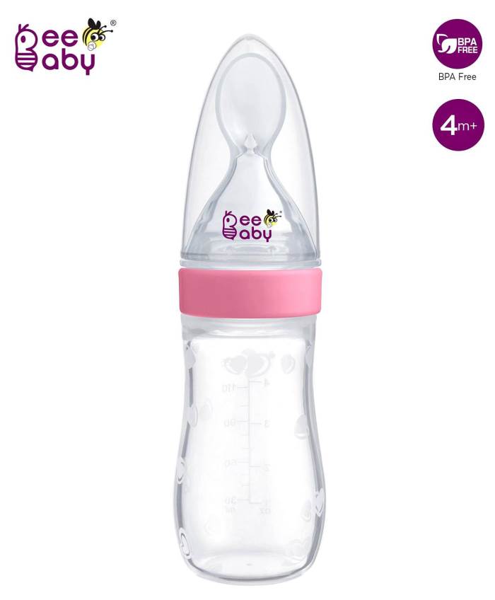 Beebaby Silicone Squeeze Food Feeder Bottle With Spoon Pink - 125 ml