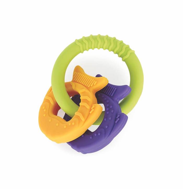 BeeBaby Chewy Trinkets Soft Silicone Teether for 3 to 6 months Baby, Infants. Multiple Textured Surface and Ring to Mass