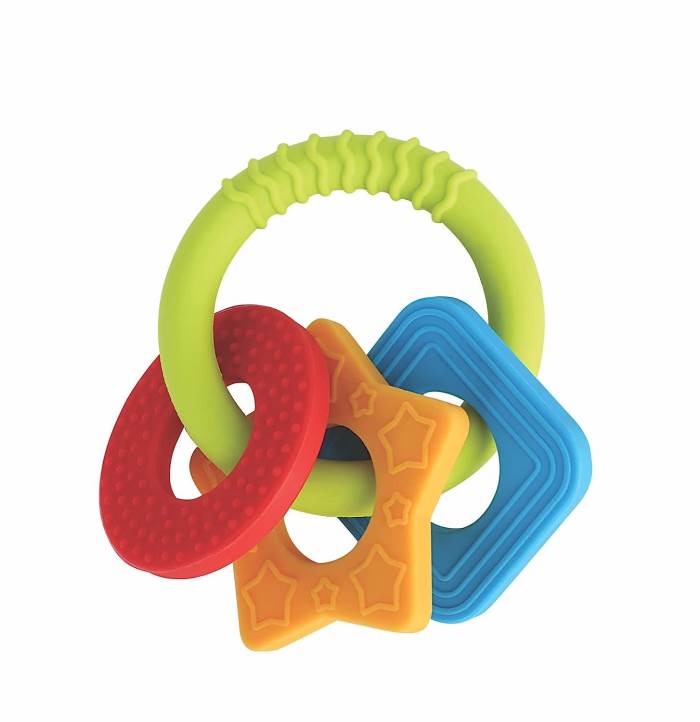 BeeBaby Chewy Trinkets Soft Silicone Teether for 3 to 6 months Baby, Infants. Multiple Textured Surface and Ring to Mass