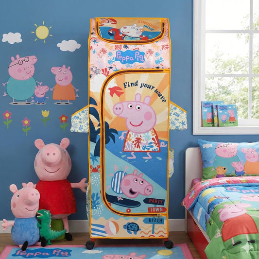 DISNEY Kids Portable Fabric Wardrobe – Peppa Pig Theme Vertical Storage Cabinet with Wheels, Side Pockets & Zip Door