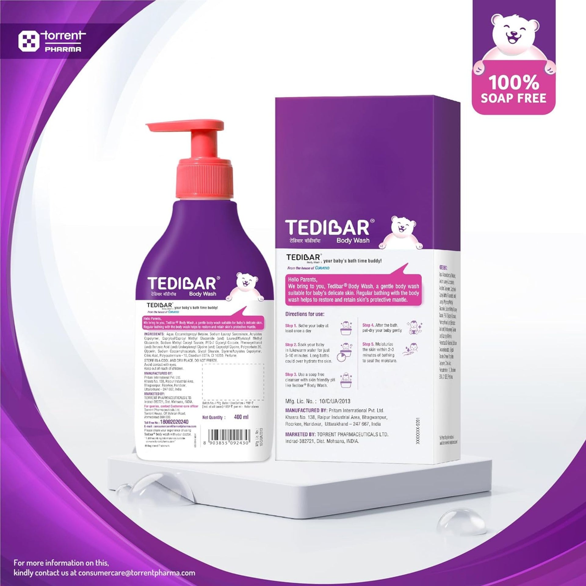 CURATIO Tedibar Gentle Baby Body Wash | 100% Soap-Free, pH Balanced & Dermatologically Tested | Gentle Cleanser for Baby’s Delicate Skin | 400 ml