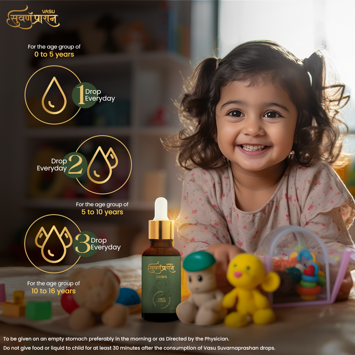Vasu Suvarnaprashan Drops for Kids | Ayurvedic Immunity & Memory Support with Suvarna Bhasma, Honey, Brahmi & Shankhpushpi | 24CT Gold Formula | 10 & 30ml