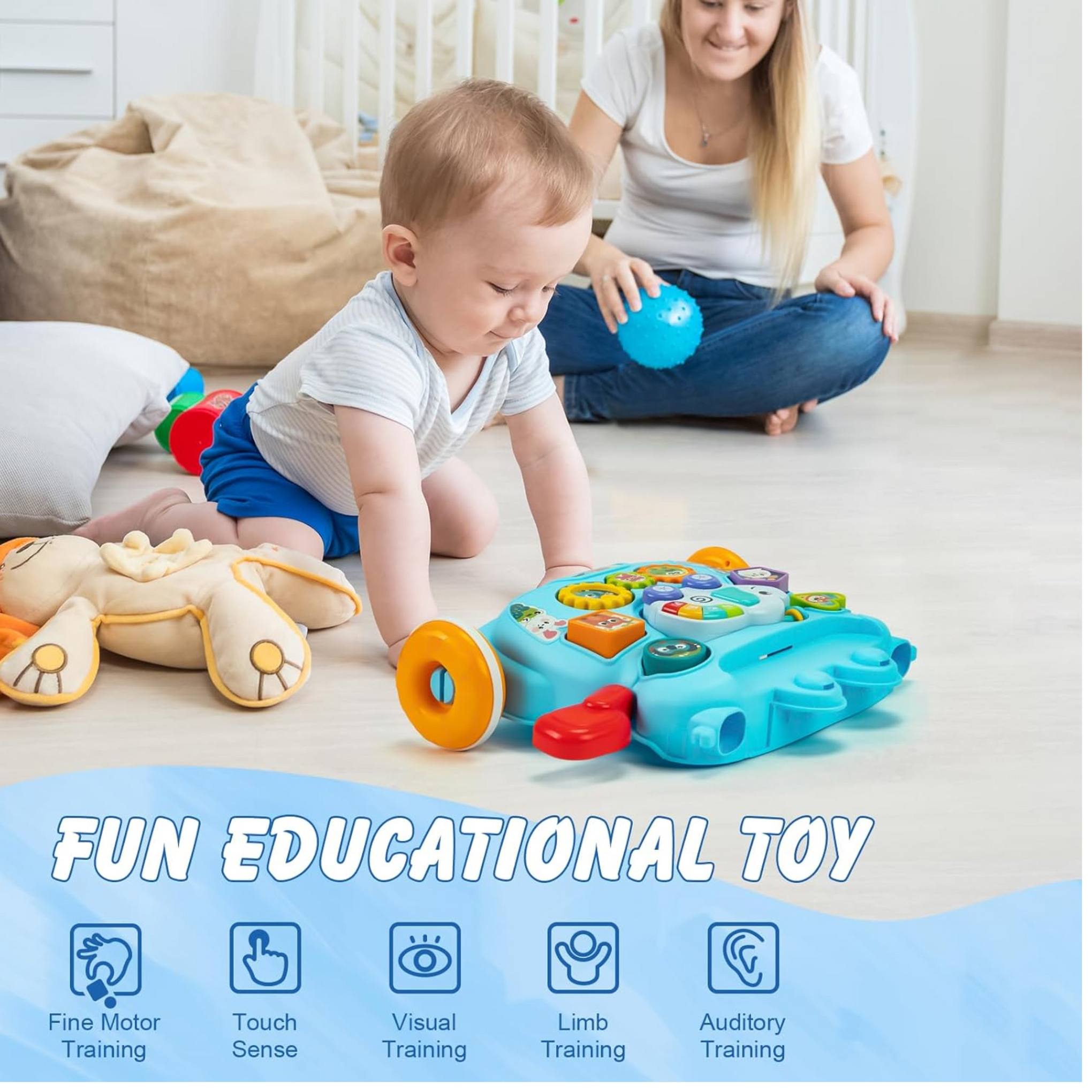 Smile Baby Sit-to-Stand Learning Walker, 3 in 1 Push & Pull Toy, Sorting & Stacking Toys, Magnetic Drawing Board for Toddlers, Blue