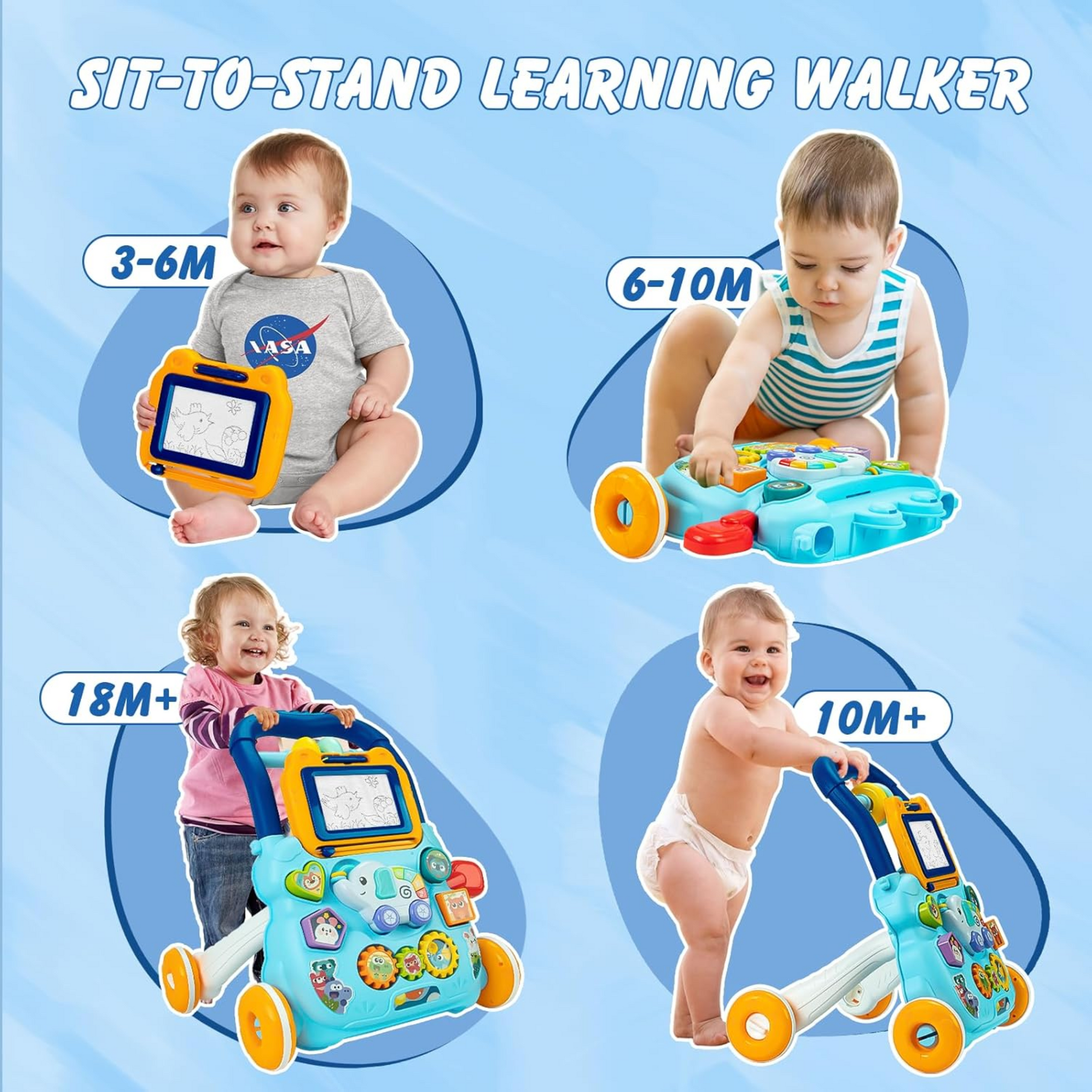 Smile Baby Sit-to-Stand Learning Walker, 3 in 1 Push & Pull Toy, Sorting & Stacking Toys, Magnetic Drawing Board for Toddlers, Blue
