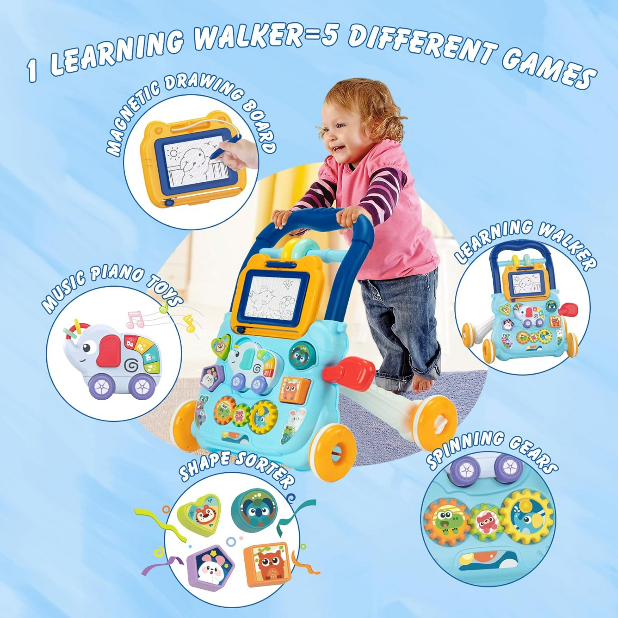 Smile Baby Sit-to-Stand Learning Walker, 3 in 1 Push & Pull Toy, Sorting & Stacking Toys, Magnetic Drawing Board for Toddlers, Blue