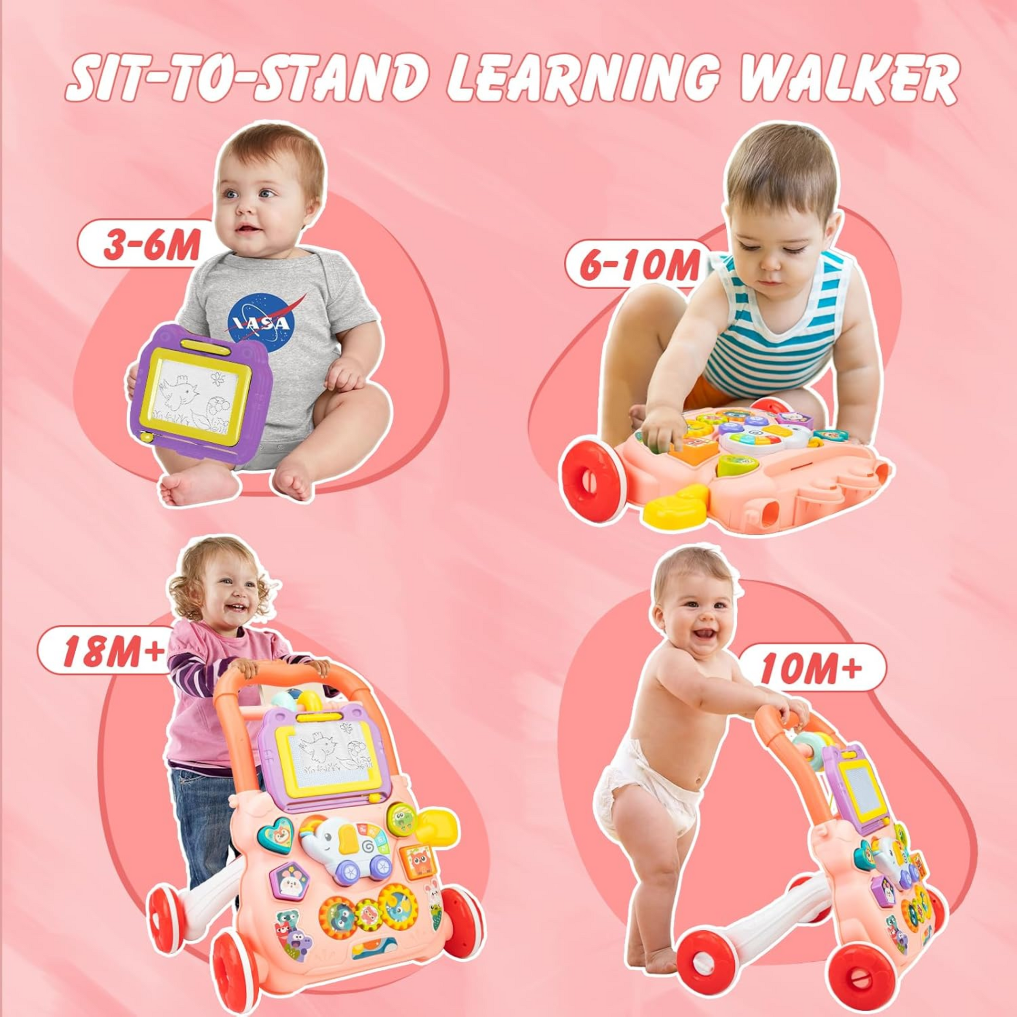 Smile Baby 3 in 2 Push & Pull Toy,Sorting & Stacking Toys,Magnetic Drawing Board for Kids,(Pink)