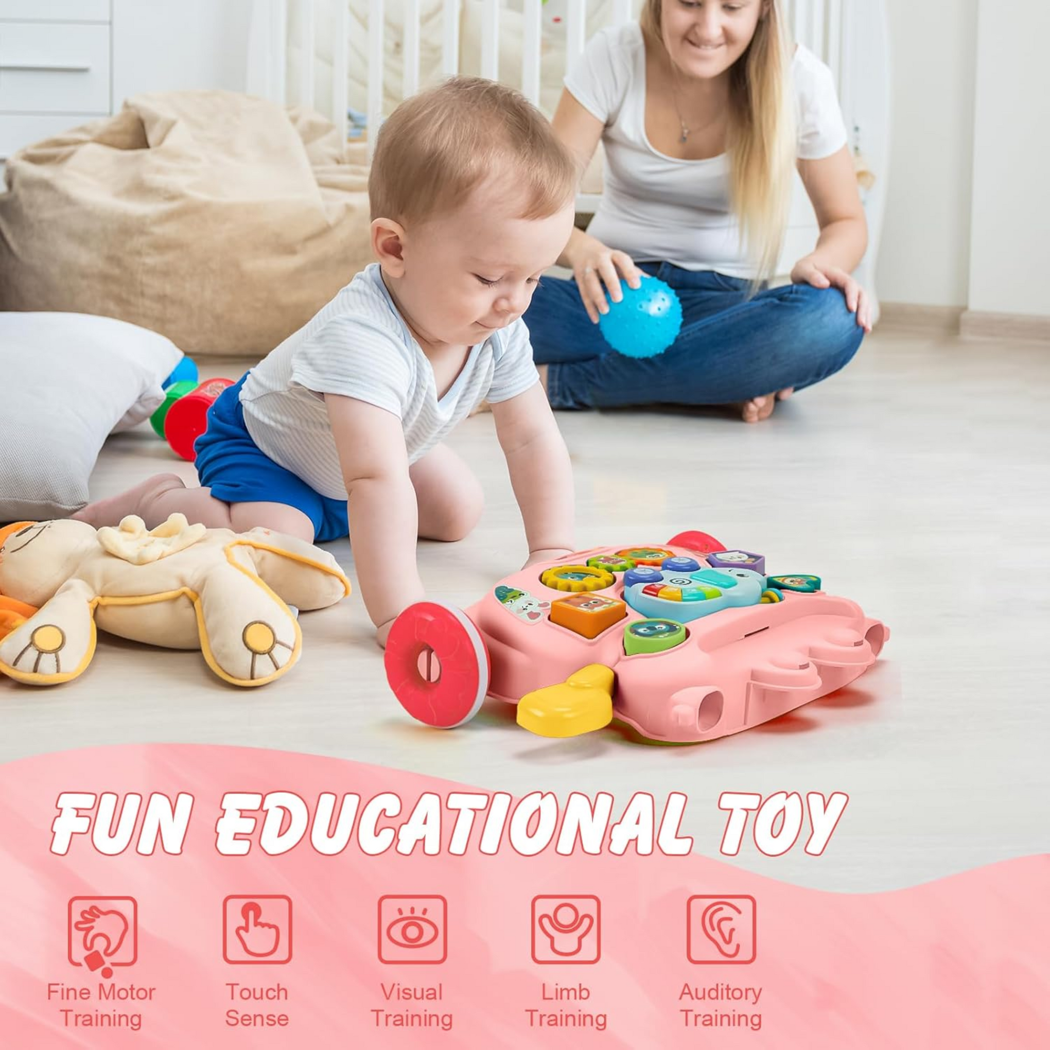 Smile Baby 3 in 2 Push & Pull Toy,Sorting & Stacking Toys,Magnetic Drawing Board for Kids,(Pink)