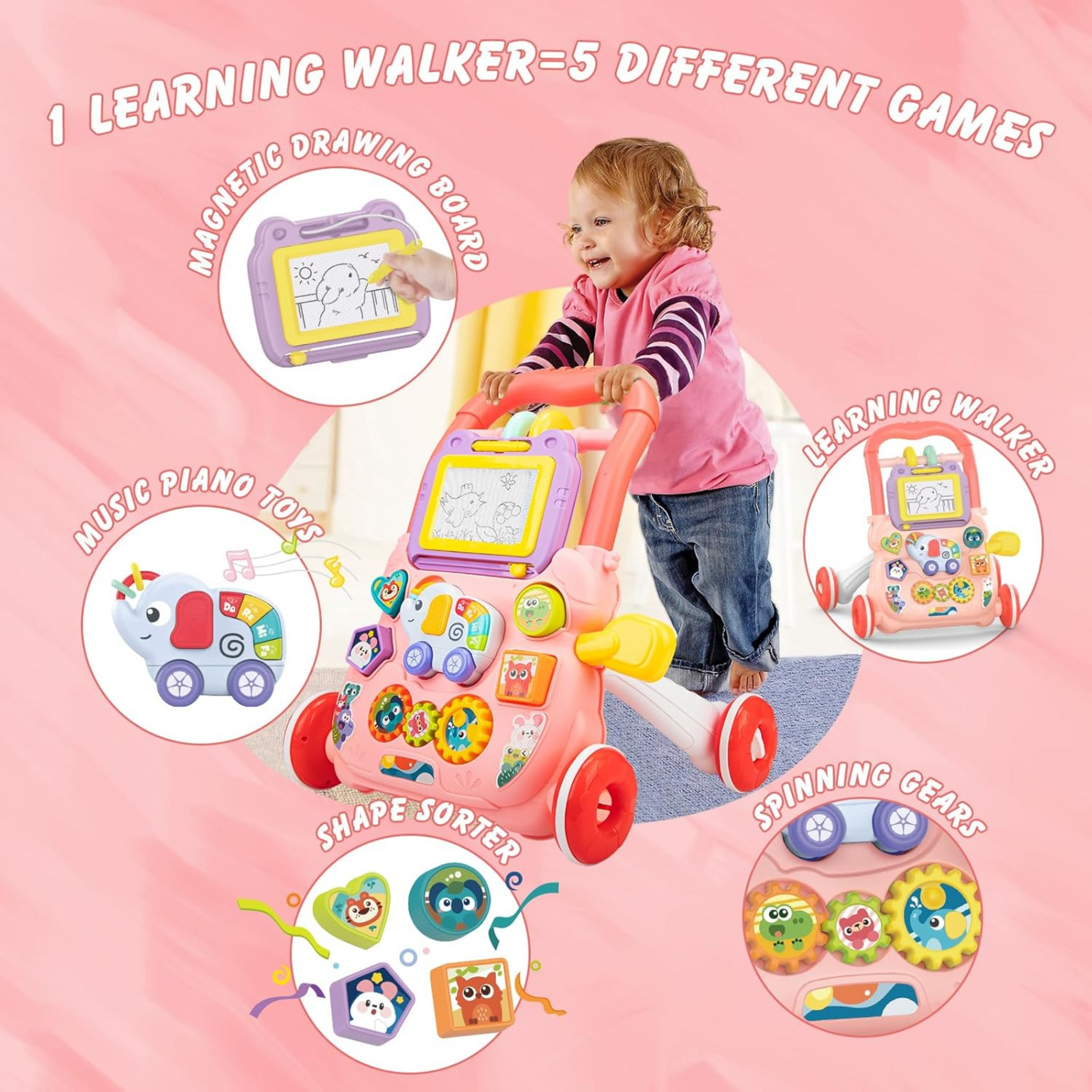 Smile Baby 3 in 2 Push & Pull Toy,Sorting & Stacking Toys,Magnetic Drawing Board for Kids,(Pink)