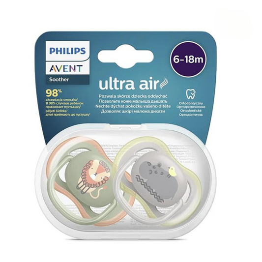 Philips Avent Ultra Air Soother-With Sterilizer Case-Orthodontic-Pack of 2-Green & Grey-6 to 18M-Pacifier