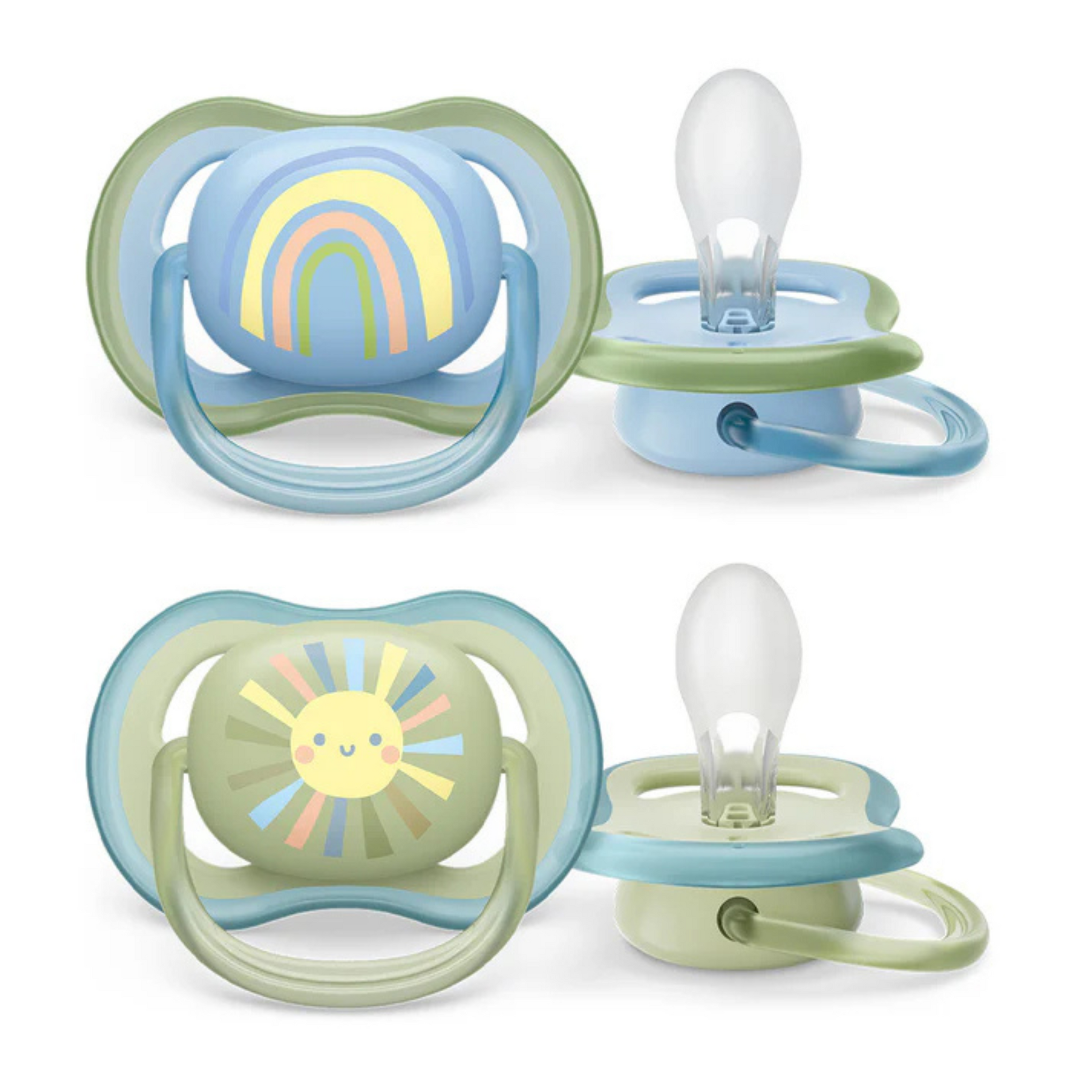 Philips Avent Ultra Air Soother-With Airholes Ventilate Baby's Skin-Orthodontic-Promotes Natural Oral Development-Sterilizing Case Included-Green & Blue-0 to 6M-Pack of 2-Pacifier
