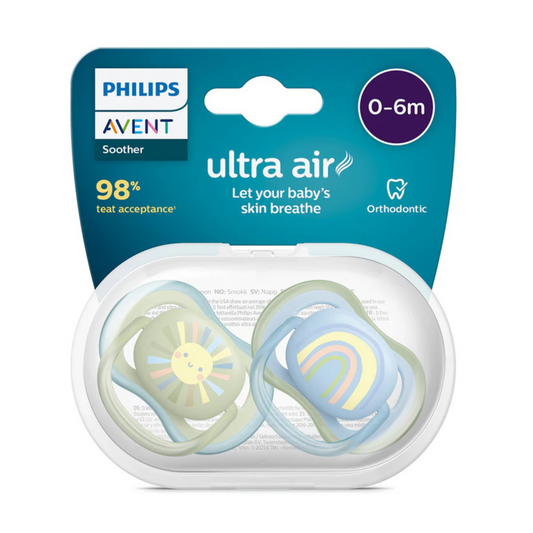 Philips Avent Ultra Air Soother-With Airholes Ventilate Baby's Skin-Orthodontic-Promotes Natural Oral Development-Sterilizing Case Included-Green & Blue-0 to 6M-Pack of 2-Pacifier