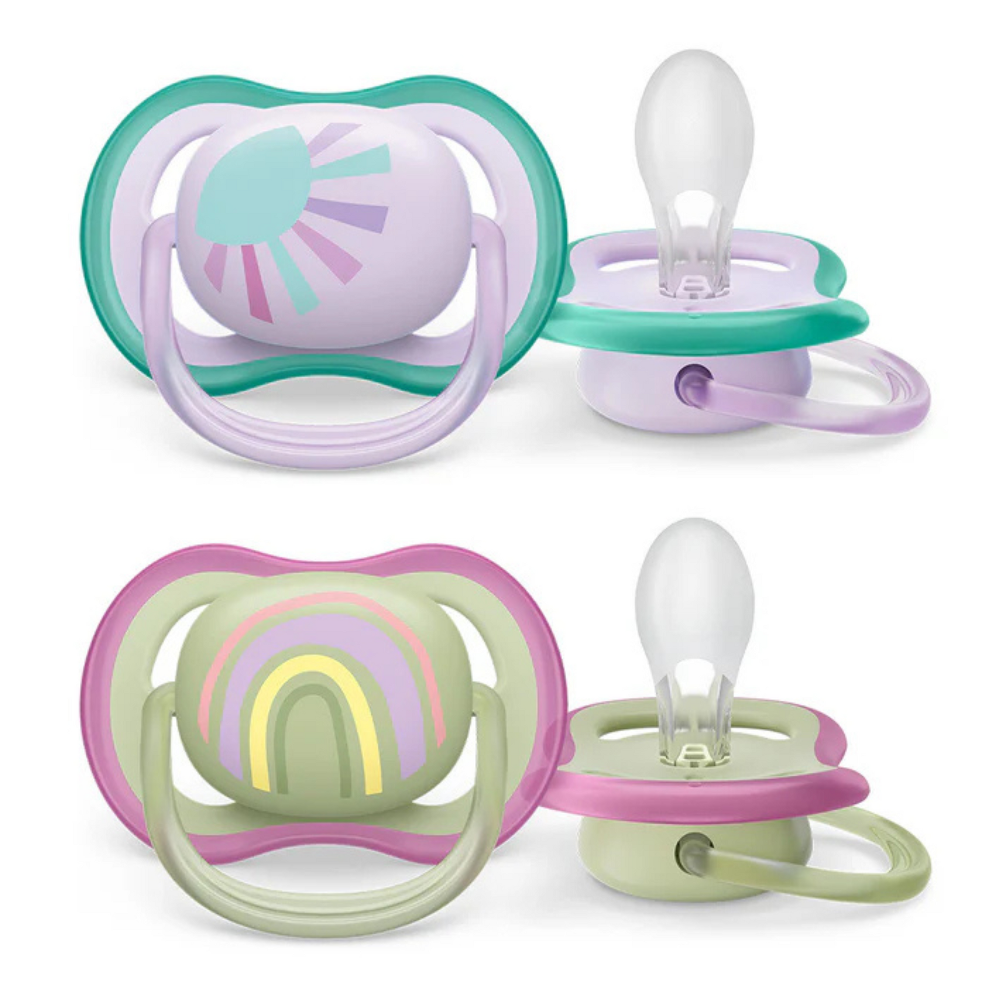 Philips Avent Ultra Air Soother-With Airholes Ventilate Baby's Skin-Orthodontic-Promotes Natural Oral Development-Sterilizing Case Included-Green & Purple-0 to 6M-Pack of 2-Pacifier